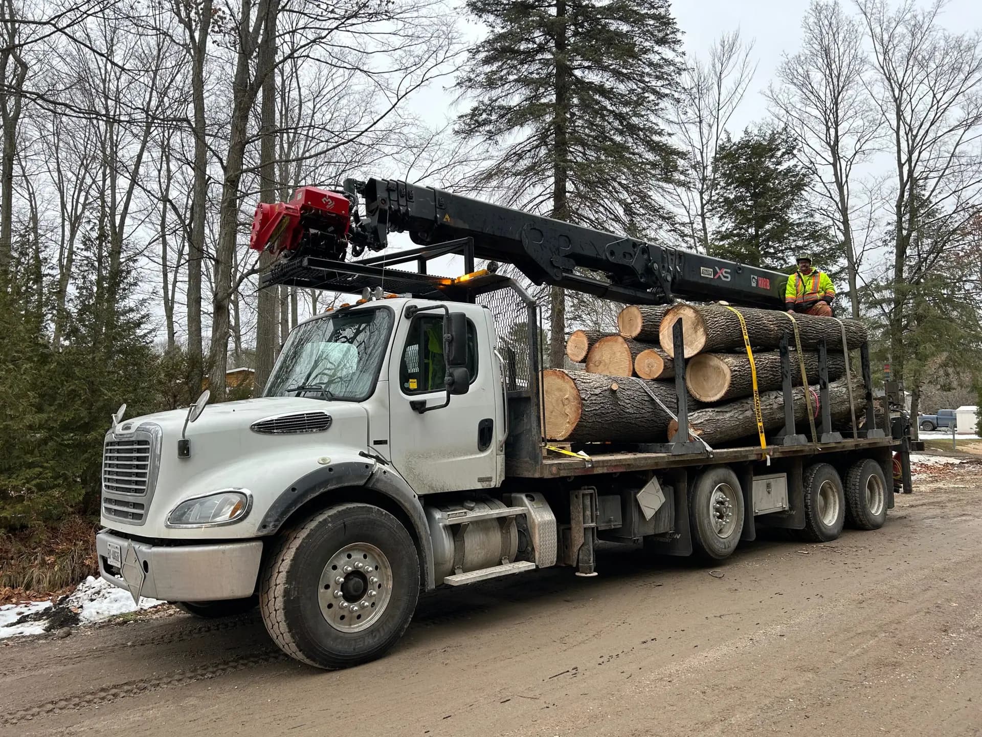 HIAB 435k crane truck with Mecanil SG220 grapple saw head hauling logs in Simcoe County